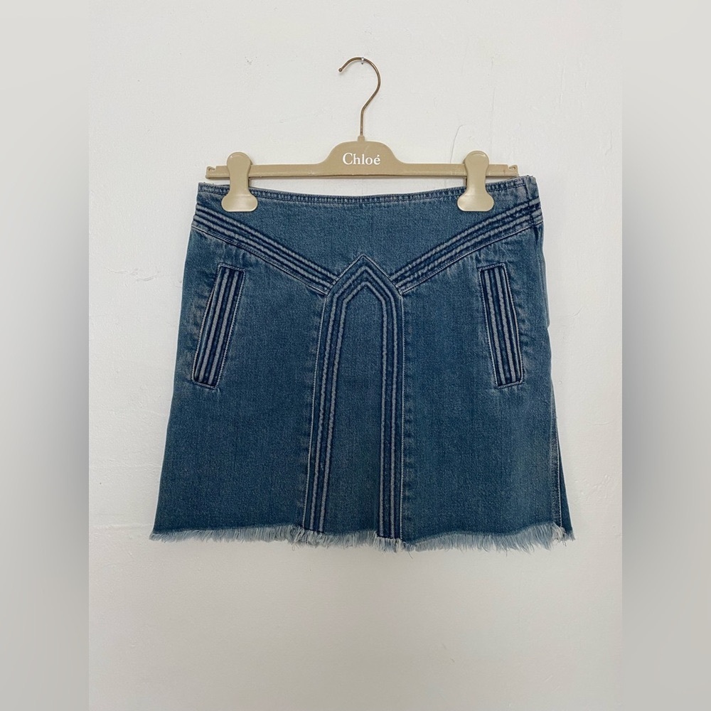 CHLOE BLUE DENIM JEAN MINI SKIRT SIZE 36 FRINGE HEM LUXURY BOHO